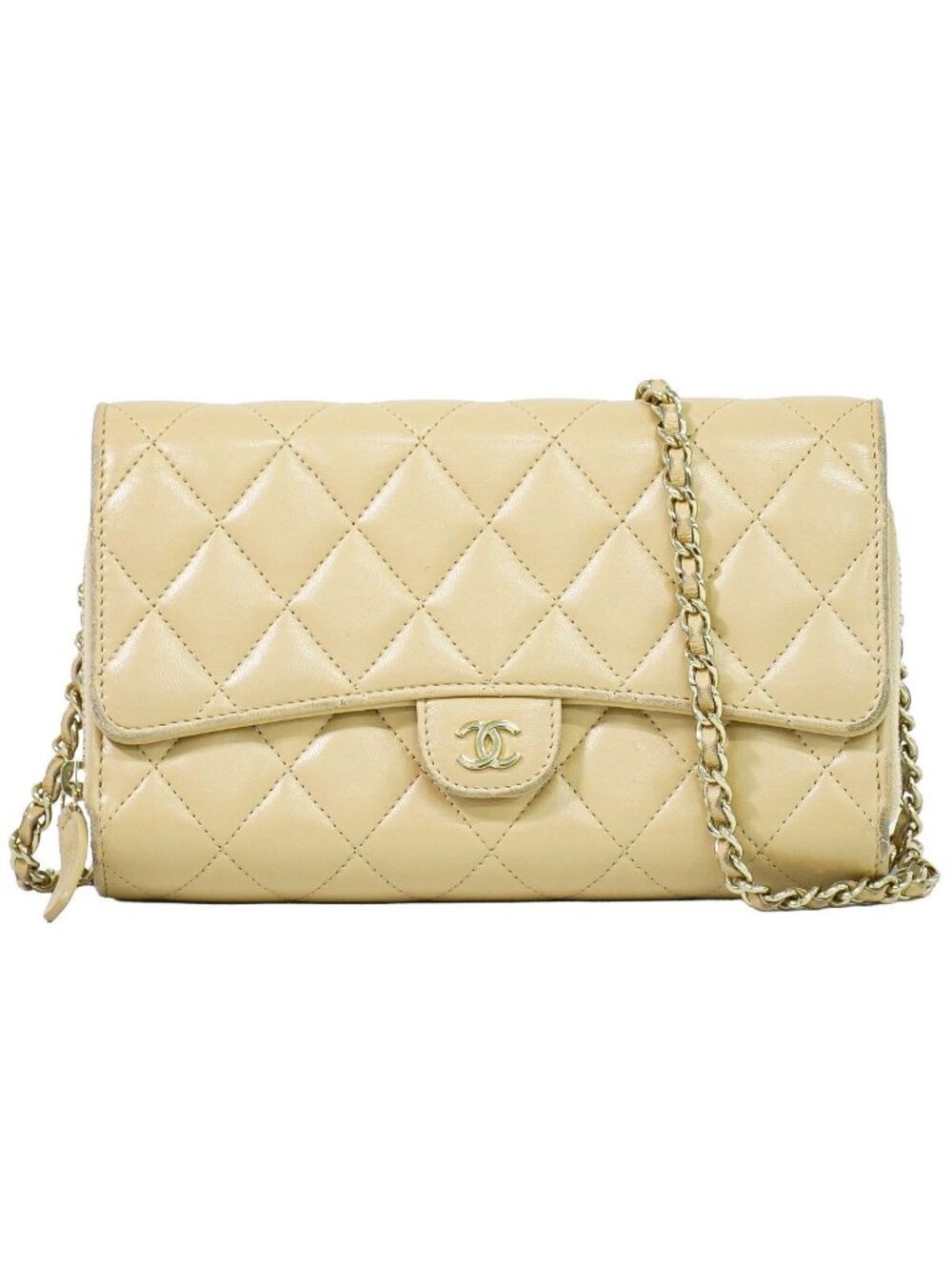 Chanel CC Logo Quilted Chain Wallet on Pochette Lambskin Leather Beige Shoulder